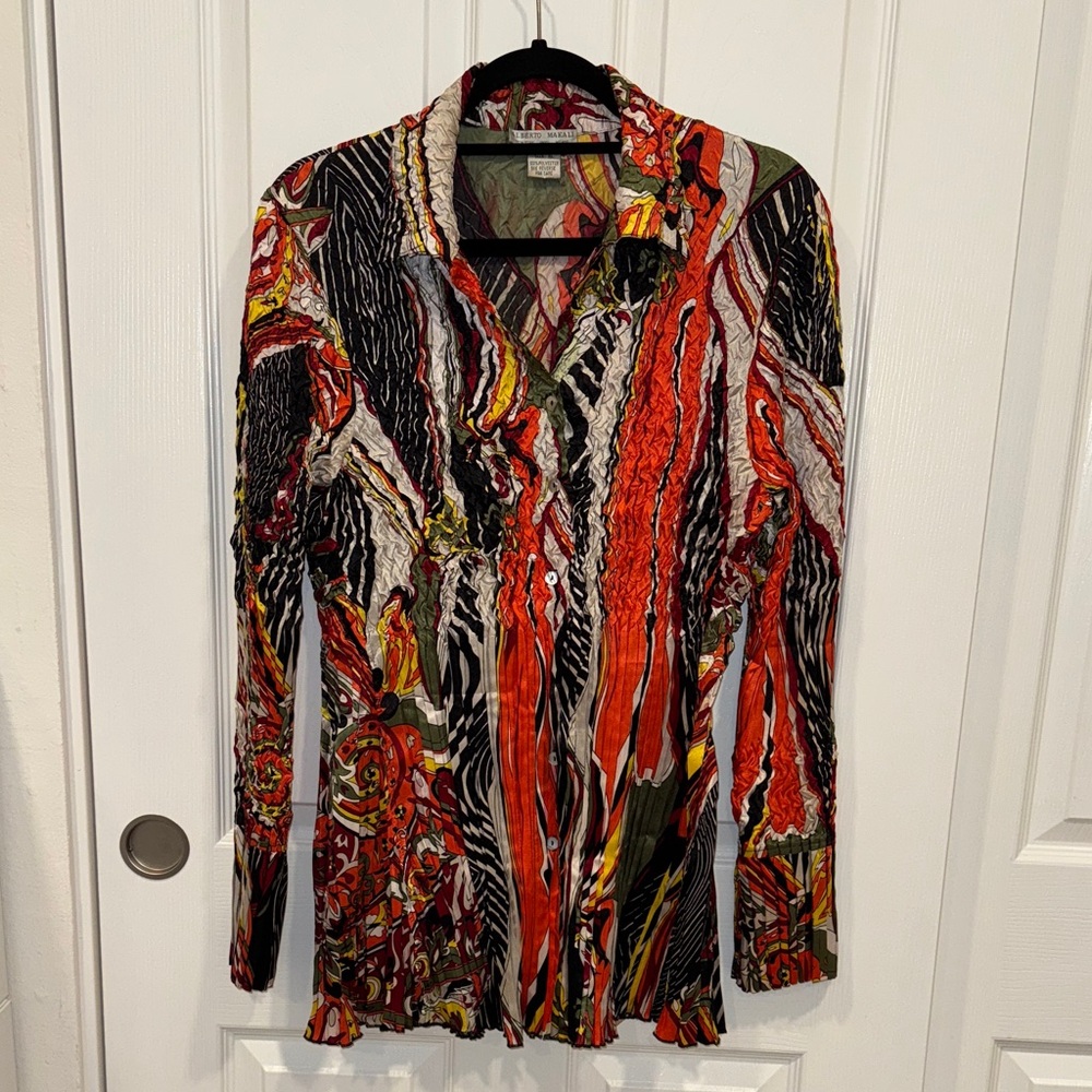 Alberto Makali Multicolor Abstract Button Down Crinkled Shirt - XL